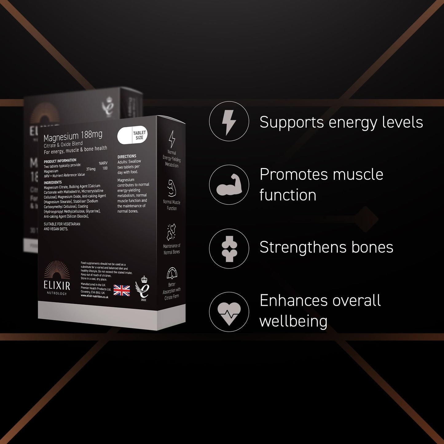 ELIXIR NUTROLOGY Magnesium 188mg Tablets | Supports Energy Metabolism & Muscle Function | Helps Maintain Normal Bones & Reduce Tiredness | Dual Source Magnesium Citrate & Oxide | 30 Vegan Tablets | UK Made
