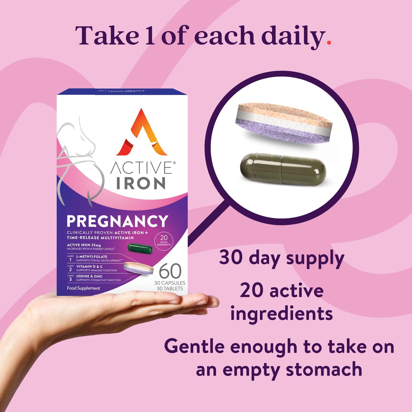 Solvotrin Active Iron Pregnancy, Nutritional Support for Prenatal Care & Foetal Develpment, 30 x 25 mg Iron Capsules, 30 x Triple Layer Multivitamin Tablet (L-Methylfolate, Vitamin D & Calcium), 30 Day Supply