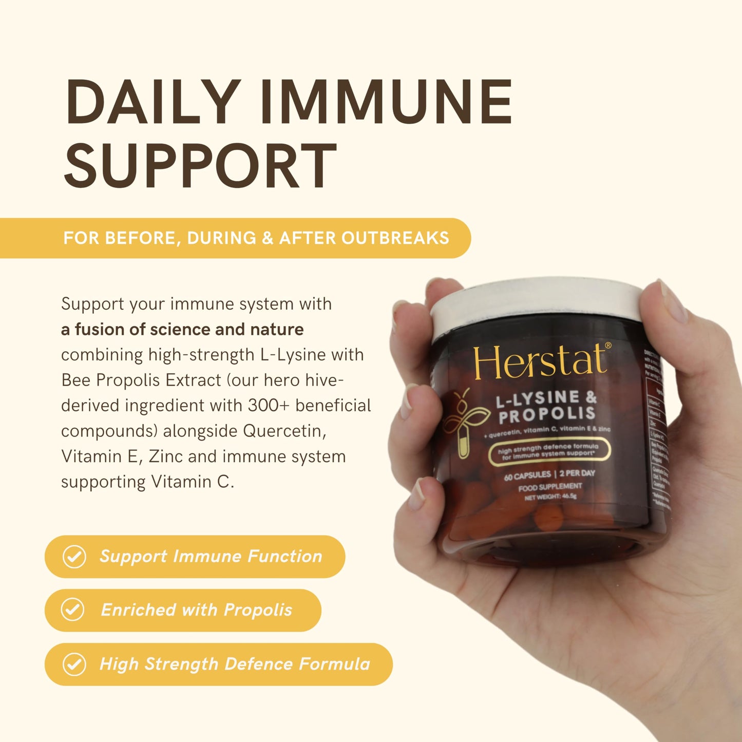 Herstat L-Lysine & Propolis Supplements | High Potency L Lysine Immune Support Formula with 5:1 Propolis Extract, Quercetin, VIT C, VIT E and Zinc