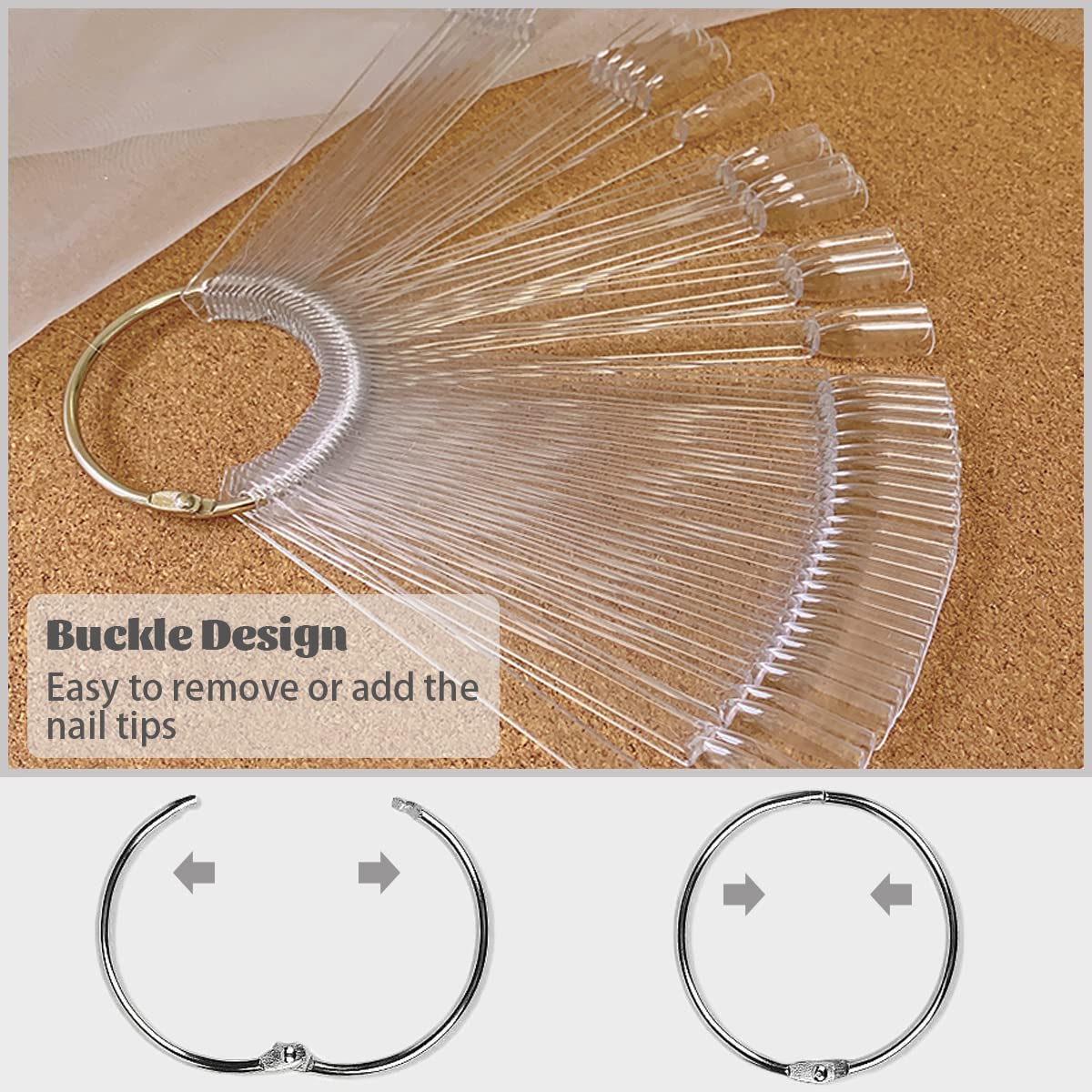 DONJIM 50-Piece Nail Swatches Sticks in Transparent, Professional Colour Display Sticks, Samples with Metal Buckle, Detachable Practice Nails for Beginner, Salon