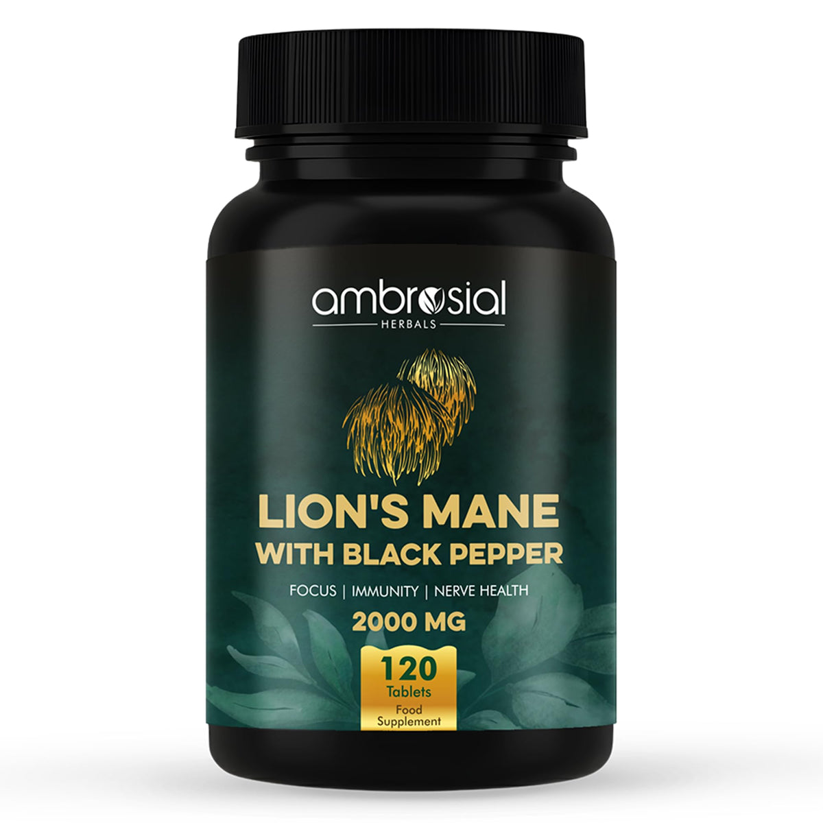 AMBROSIAL Ambrosial Lion’s Mane Mushroom Supplement with Black Pepper – 2000 mg High Strength Extract per Serving – Plant-Based Brain & Body Balance Formula – 120 Vegan Tablets – Non-GMO, Gluten-Free