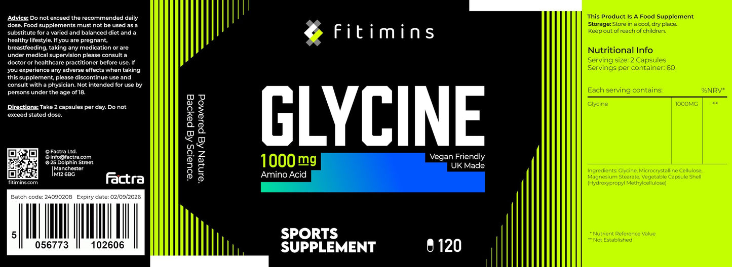 Glycine 1000mg Well-Being Supplements | Build More Muscle, Improve Exercise Performance, Support Brain Health | 2-Month Supply | 120 Vegan Capsules | Fitimins