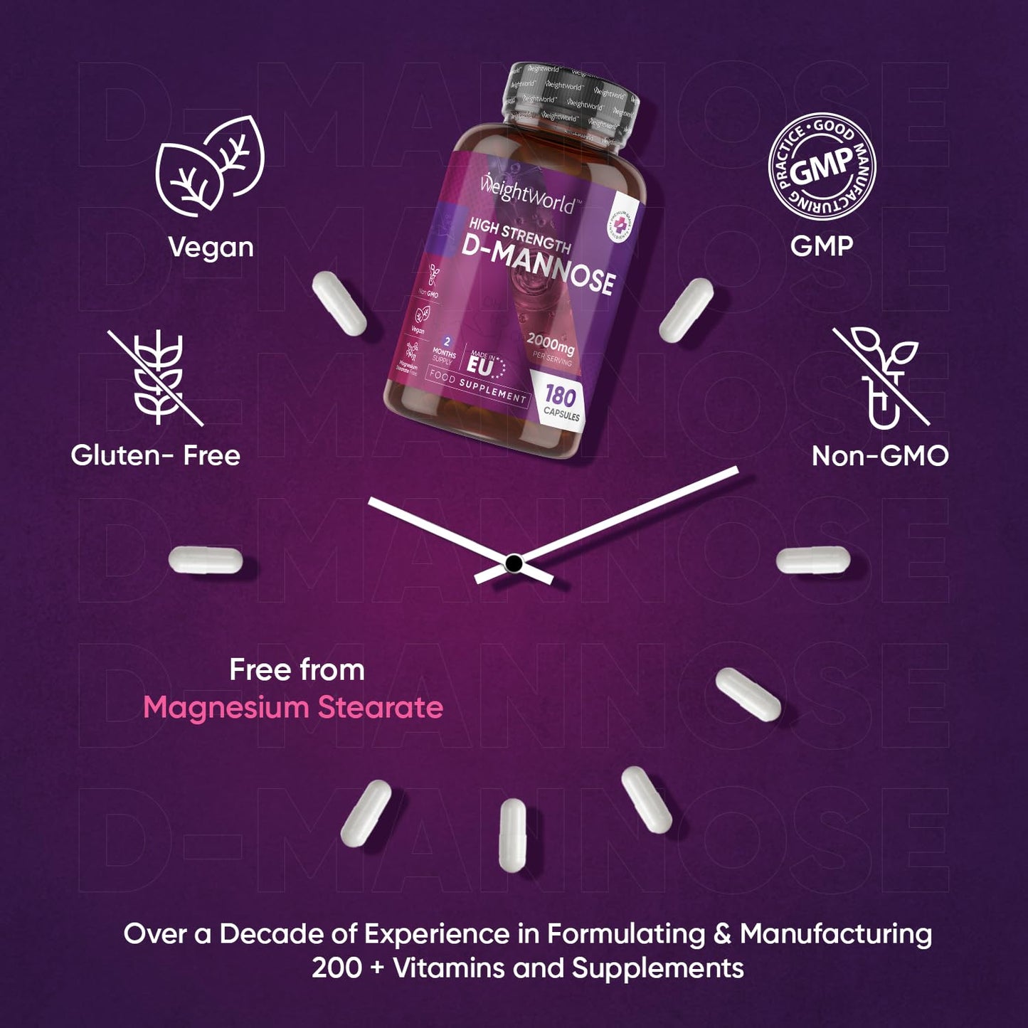 WeightWorld High Strength Pure D Mannose Capsules 2000mg - 180 Naturally Sourced D Mannose Capsules (Not D Mannose Tablets or D Mannose Powder) - Additives-Free & Vegan - 2 Months Supply - 666mg per Capsule