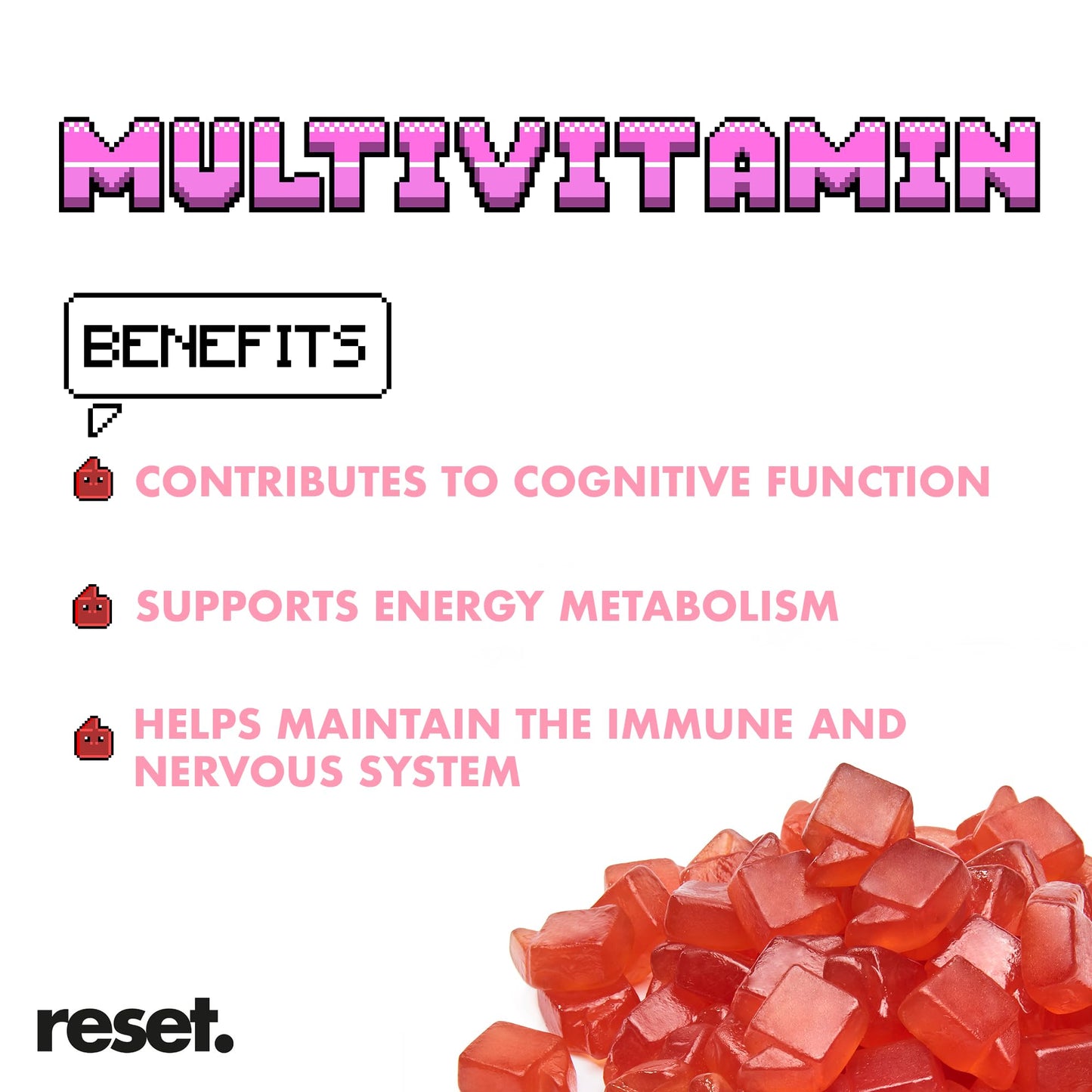Reset This. Multivitamin Gummies 60 Vegan Strawberry Flavour Chewable Gummy Vitamin C & D, B12, B6, Essential Vitamins & Minerals, Reduces Tiredness & Fatigue Gluten Free Natural Flavours Prebiotic