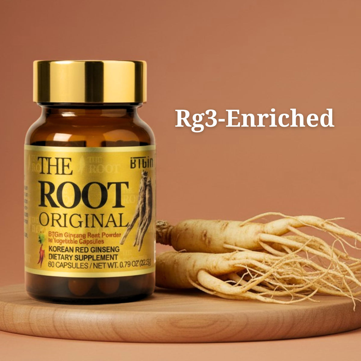 BTGIN The Root Original Korean Red Panax Ginseng Supplement - 100% Whole Fine Root Powder with Natural Fiber & Minerals - Caffeine Free Stamina, Wellness & Immunity Support - 60 Capsules