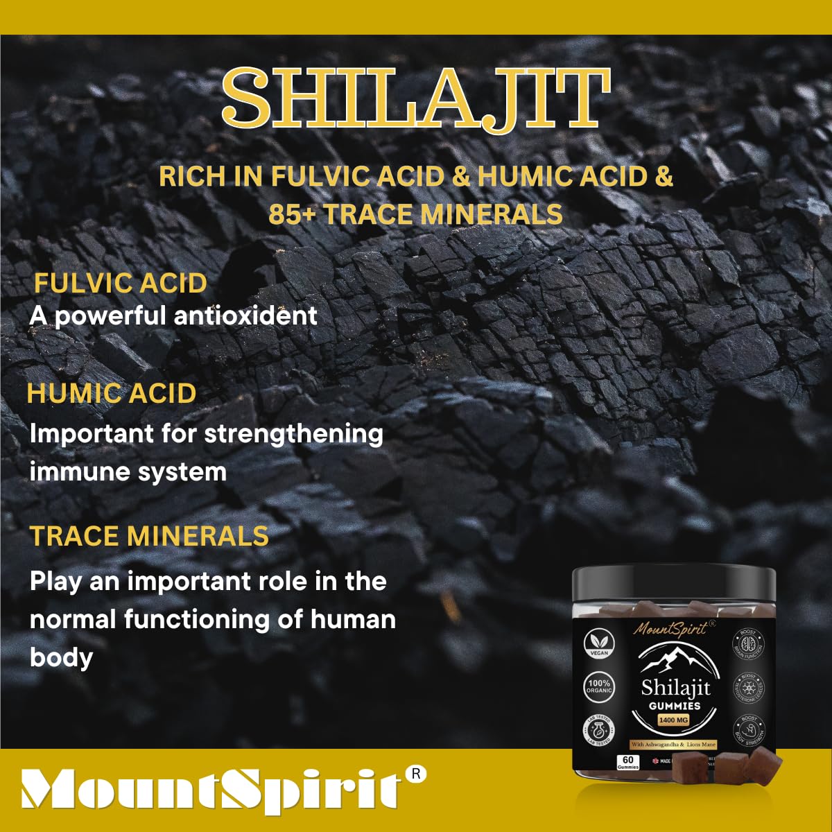 Shilajit Gummies 3-in-1 Max Strength by MountSpirit™, Himalayan Shilajit with Lions Mane and Ashwagandha, Fulvic & Humic Acid and 85+ Minerals, for Energy, Immunity & Focus, Sugar-Free, 60 Gummies