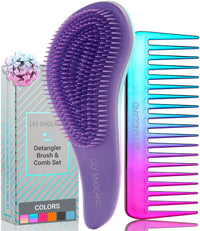 Detangle Hair Brush and Wide Tooth Comb Set Easy to Hold Detangler Hairbrush and Detangling Comb for Women and Kids for Wet or Dry, Fine, Curly, Thick, Afro Hair by Lily England (Ombre)