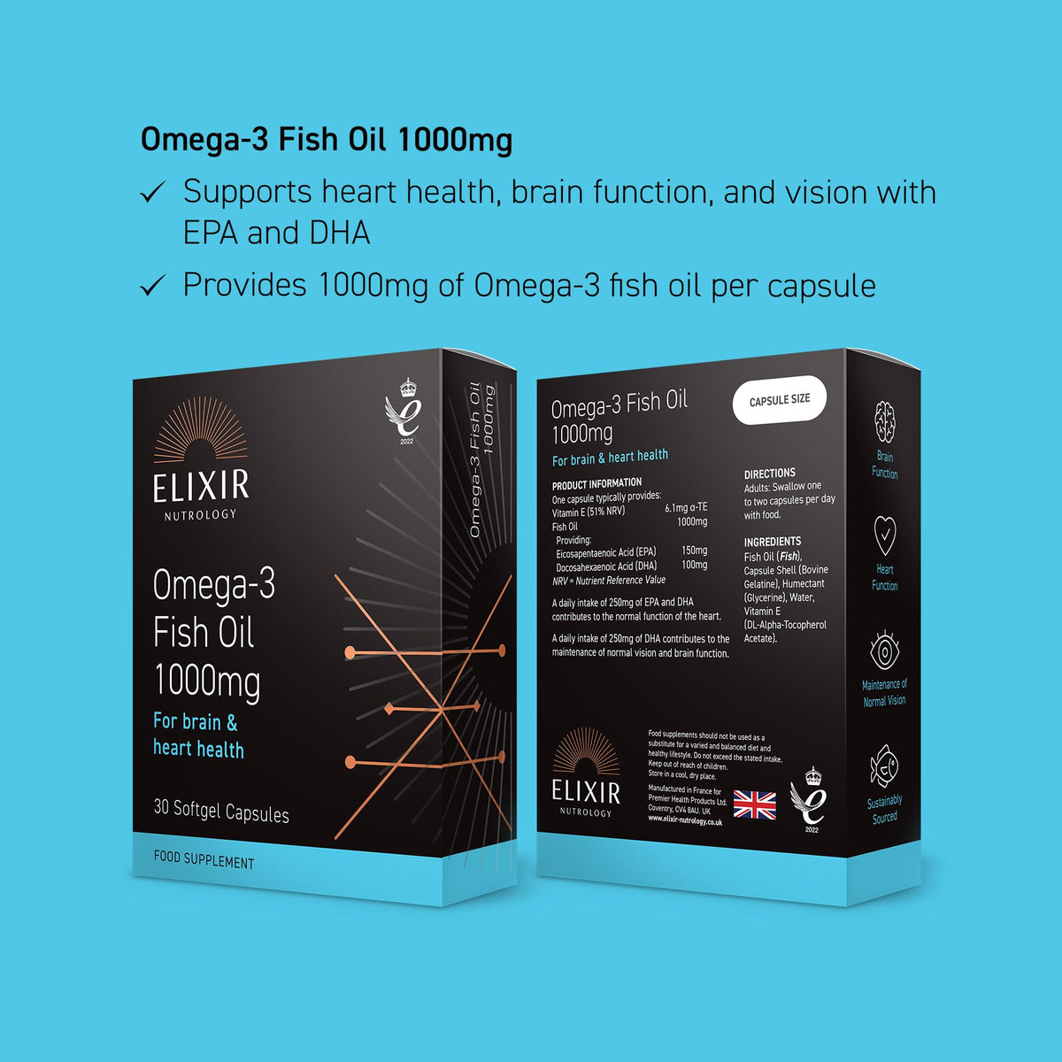 ELIXIR NUTROLOGY Omega 3 Fish Oil 1000mg Softgel Capsules | Supports Normal Heart & Brain Function | Rich in EPA & DHA with Added Vitamin E | Daily Essential Fatty Acid Support | 30 Softgel Capsules | UK Made