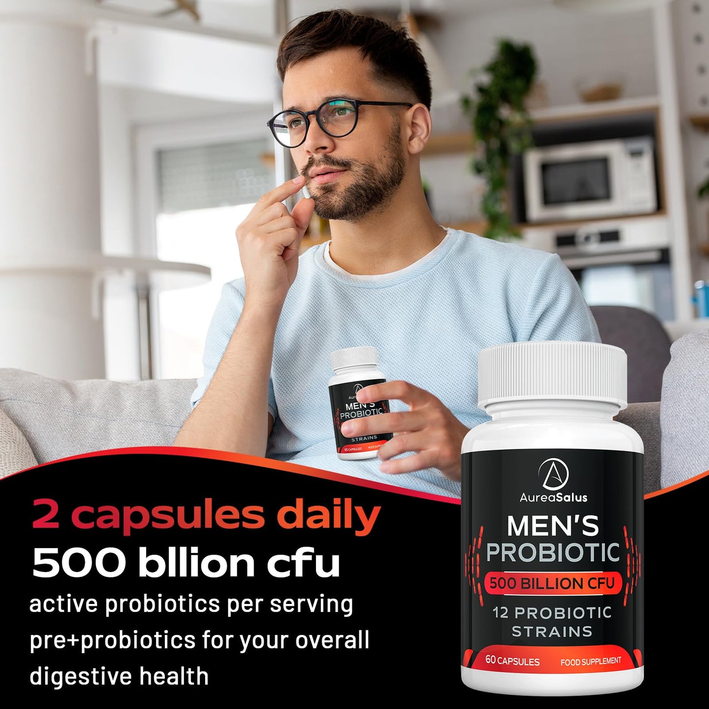 AureaSalus Probiotic for Men, 500 Billion CFU 12 Strains, Men's Probiotic with Cranberry, Turmeric, Goji Berry, Probiotics for Gut & Digestive Health, Gluten and Dairy Free, 60 Capsules (60 Count (Pack of 3))