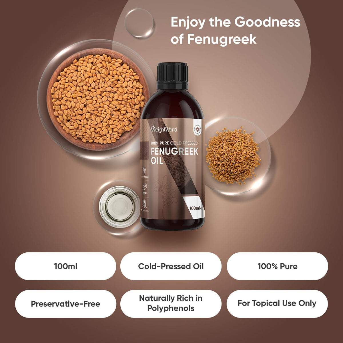 WeightWorld Fenugreek Oil 100ml - Natural & Pure Cold-Pressed Fenugreek Seed Oil - Multipurpose Supplement - Non-GMO, Vegan-Friendly & Gluten-Free - Trigonella Foenum-Graecum for Men & Women