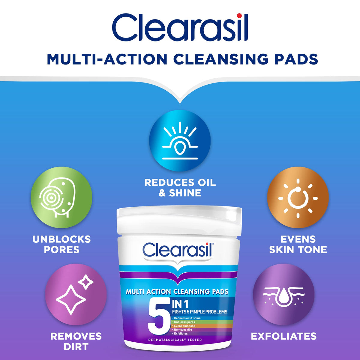 Clearasil 5-In-1 Multi-Action Cleansing Salicylic Acid Pads, Face Exfoliating For Acne Prone Skin, Unblock Pores, Reduces Blackheads, Pimples & Excess Oil, Everyday Spot Prevention, 65 Each x 3