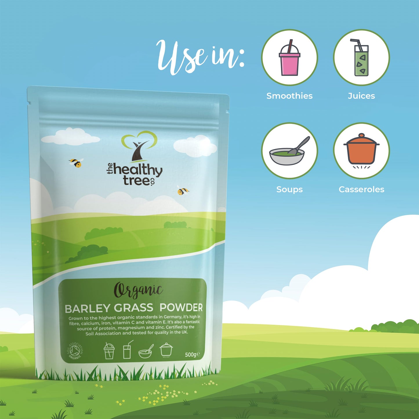 Organic Barley Grass Powder by TheHealthyTree Company - High in Calcium, Fibre, Iron and Vitamin C - Gluten Free Pure Vegan Barleygrass from Germany (500g)