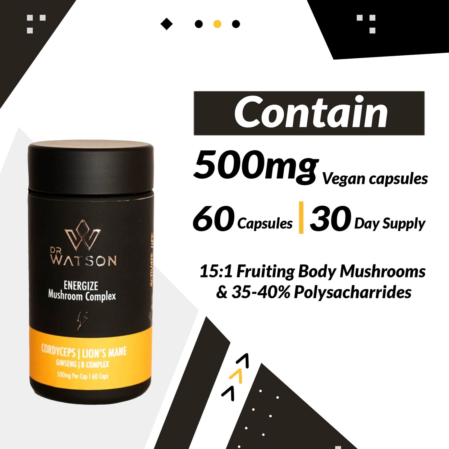 Dr Watson Energize Max Mushroom Supplement & Multivitamin Capsules| Cordyceps Lions Mane Vitamin B Complex Ginseng | Boost Your Performance | 60 Capsules