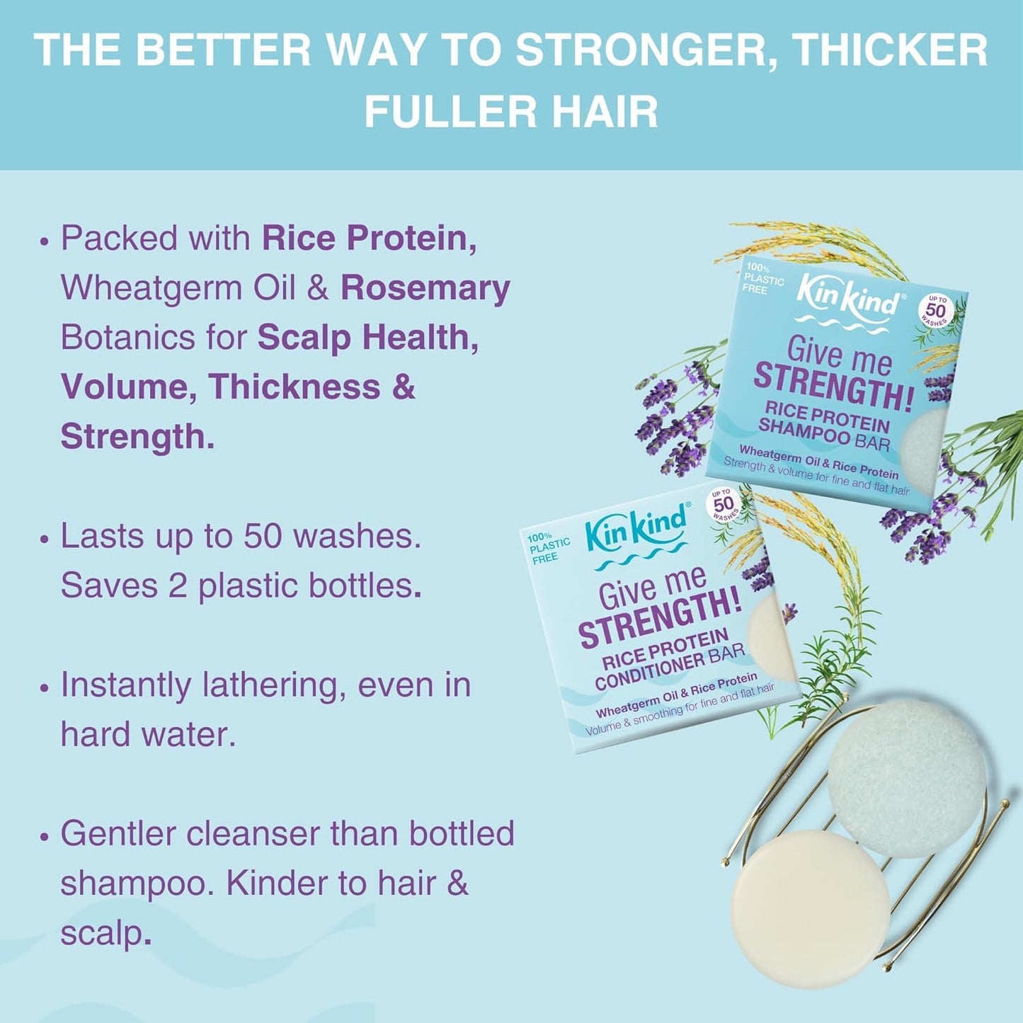 KinKind Rice Water Shampoo Bar for Hair Growth. Give Me STRENGTH! Shampoo Bars for hair UK made. Solid Shampoo Bar with Rice Protein & Rosemary for Thickening Menopause, Thinning, Fine & Flat Hair