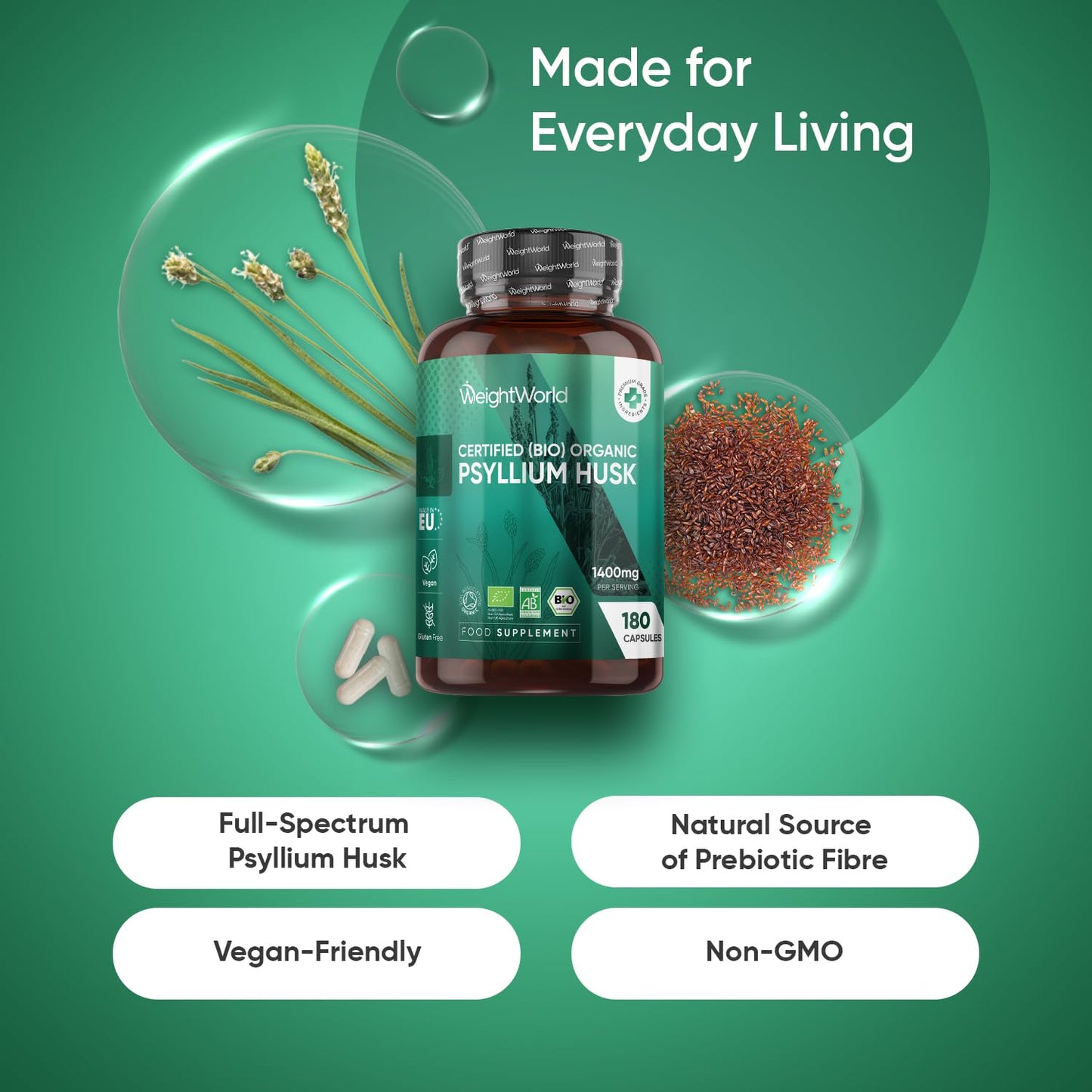 WeightWorld Organic Psyllium Husk Capsules | 1400mg per Serving | 180 Capsules | 3 Months Supply | Prebiotic Fibre Supplement | Soil Association Certified Organic Psyllium Husk Powder Supplement