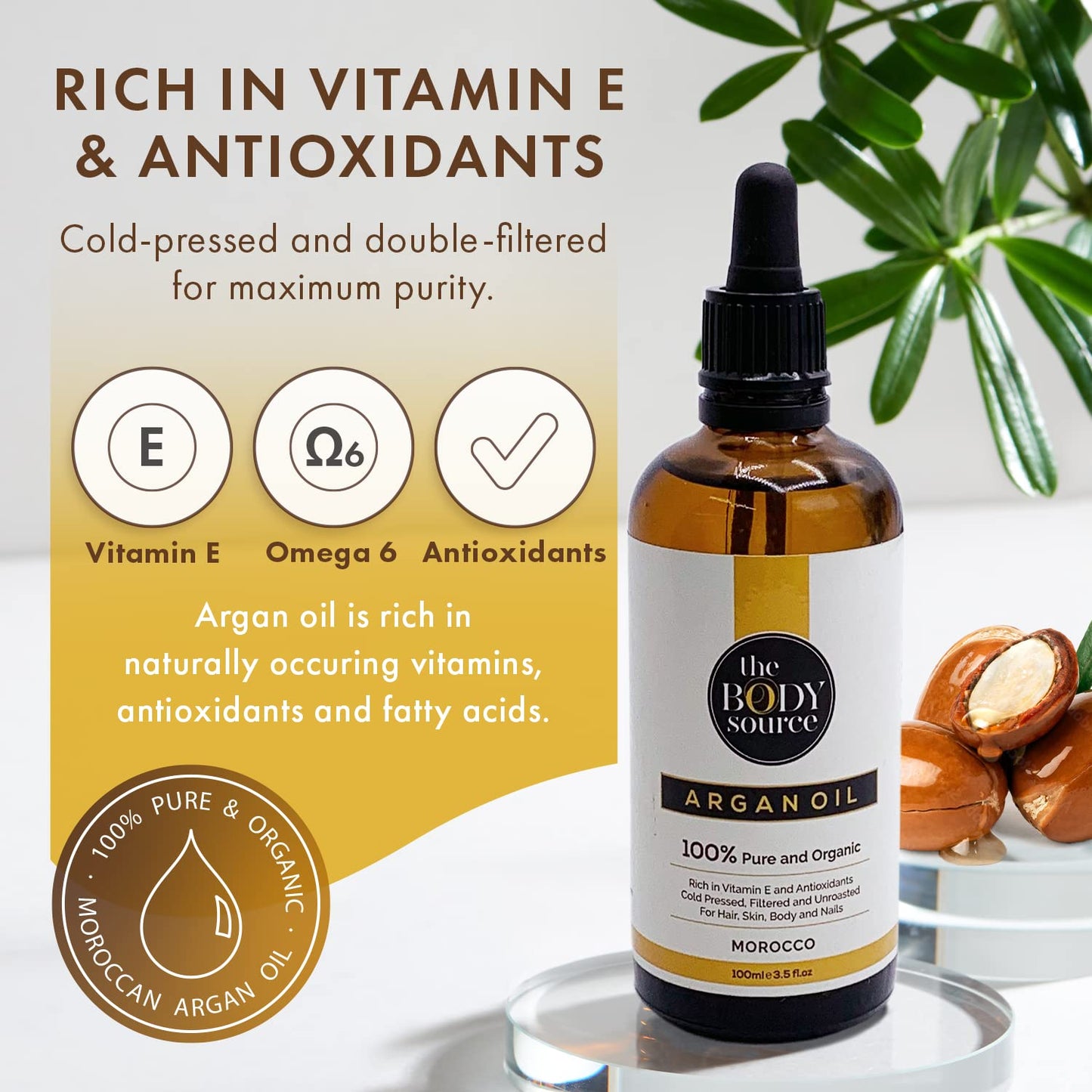 The Body Source 100% Organic Argan Oil, 100ml - Cold Pressed, Ethically Sourced & Bottled in Morocco - For Healthy Hair, Skin & Nails