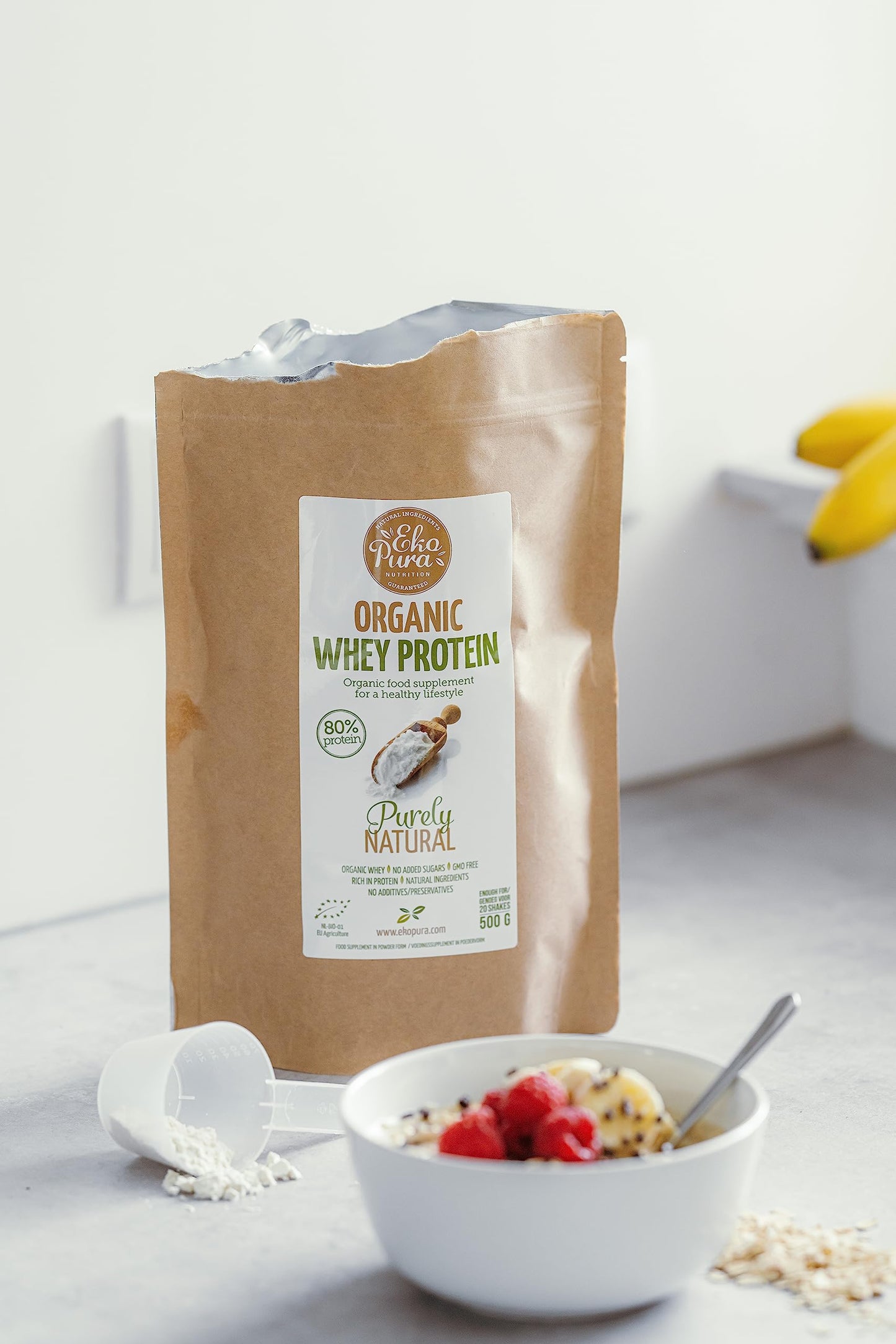 Ekopura Organic Whey Protein 500g | 80% Protein | Hormone Free, GMO-Free, Soy-Free, Additive Free, No Added Sugars | Promotes Muscle Growth, Recovery, Retention | Plain Flavored | Certified Organic