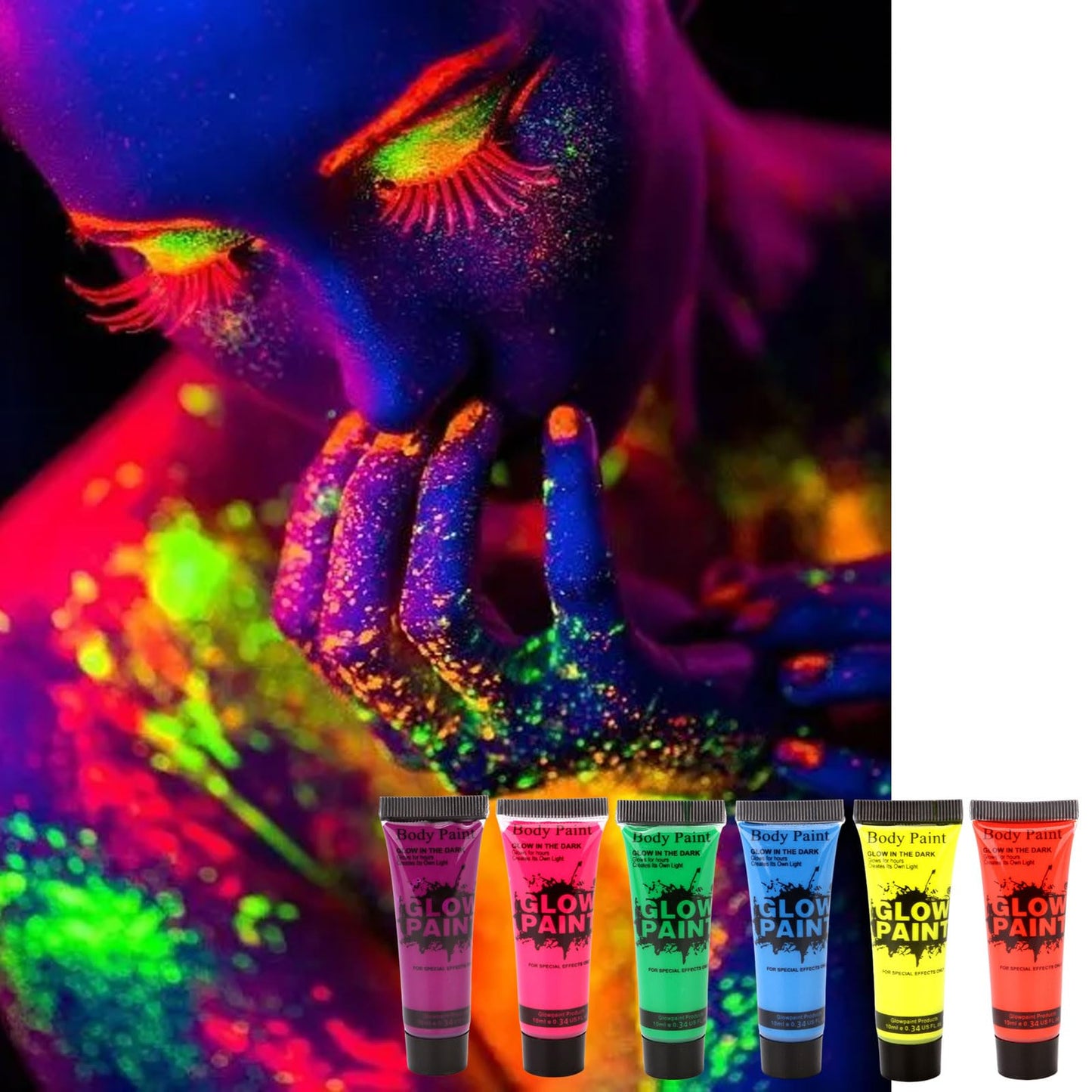 LYNTYAOU 6 Colors UV Neon Face Body Paint, Makeup Set Fluorescent Painting Glow in Dark, Blacklight Safe Non-toxic Quick-Dry Paint for Adults Halloween, Christmas（6 X 10ml）