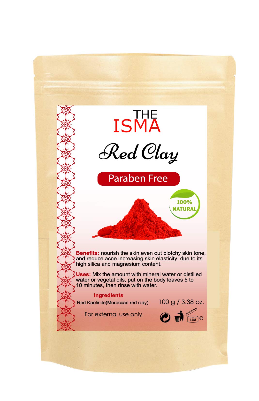 THE ISMA Moroccan Clays Ghassoul Powder, Green Clay, Red Clay and White Clay of Sizes 100g and 200g for Cleansing Facial and Hair mask (100g, Red Clay)