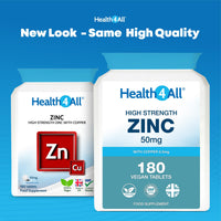 Health4All Zinc 50mg 180 Tablets 6 Months Supply, with Copper, High Strength Zinc Supplements for Immune Support, Skin, Hair & Nail, Vegan Immunity Supplements for Men & Women | Made in UK