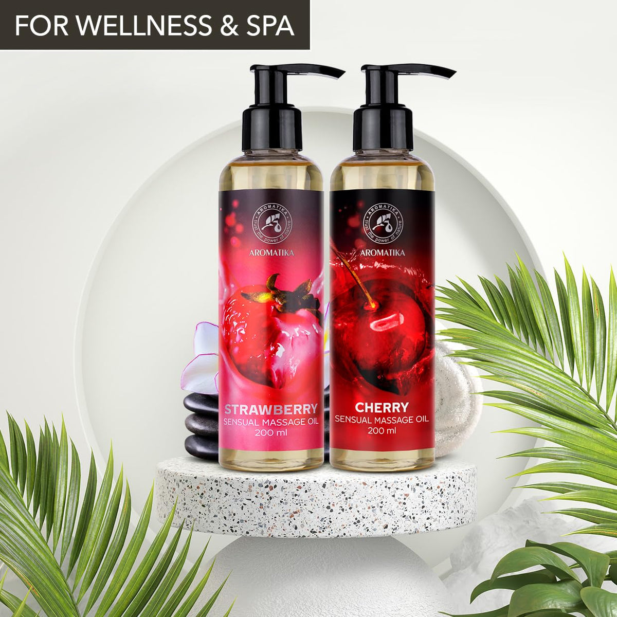 AROMATIKA trust the power of nature Sensual Massage Oil Set 2 x 200ml - Strawberry & Cherry - Blend of Almond and Grapeseed Oils - Edible & Kissable Massage Oil - Body Oil for Him & Her - for Couples - Romantic Gift - Relaxing Oil