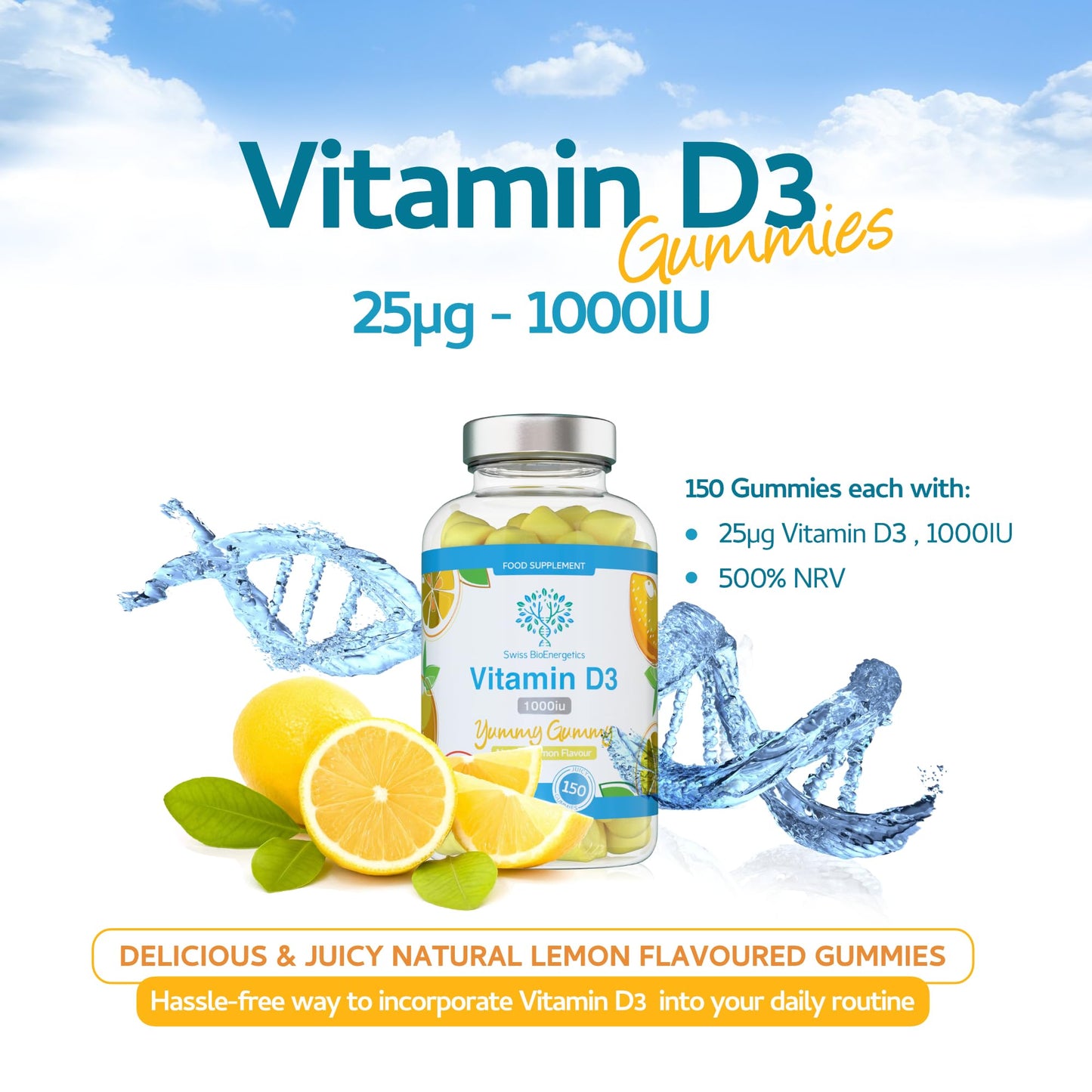 swiss bioenergetics Vitamin D3 Gummies 25µg 1000IU - 150 Natural Lemon Flavour Chewable Yummy Gummies - 5 Month Supply - Made in The UK