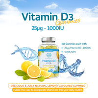 swiss bioenergetics Vitamin D3 Gummies 25µg 1000IU - 150 Natural Lemon Flavour Chewable Yummy Gummies - 5 Month Supply - Made in The UK