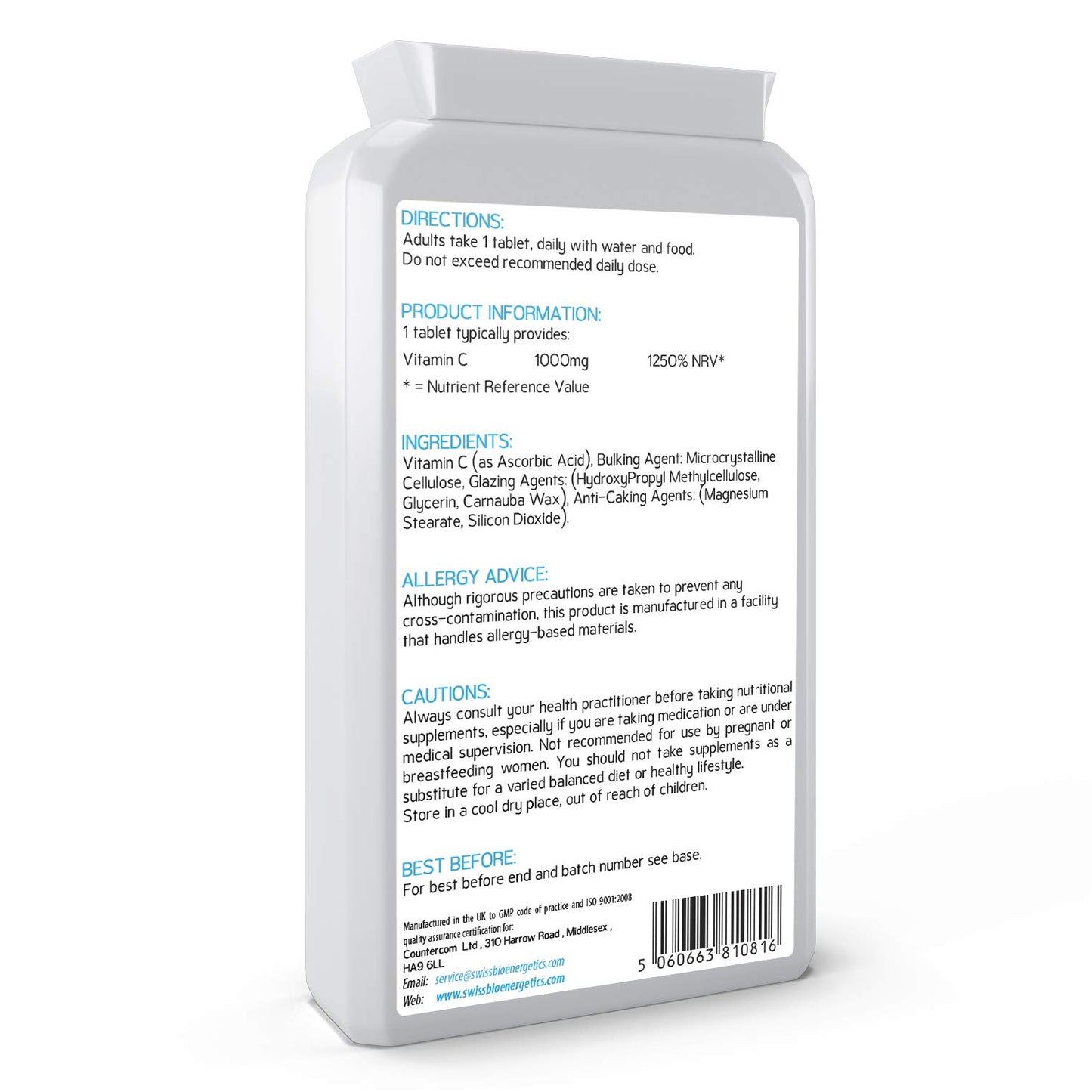 swiss bioenergetics Vitamin C 1000mg 120 Tablets – High Strength Immune Support contributes to The Reduction of Tiredness and Fatigue and to Normal Energy yielding Metabolism. – Exclusively Manufactured in The UK