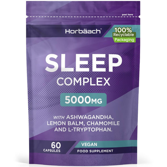 Horbäach Night Time Complex 5000mg | with Ashwagandha KSM-66, Lemon Balm, Chamomile and L-Tryptophan | 60 Vegan Capsules | Sleep Complex for Men & Women | by Horbaach