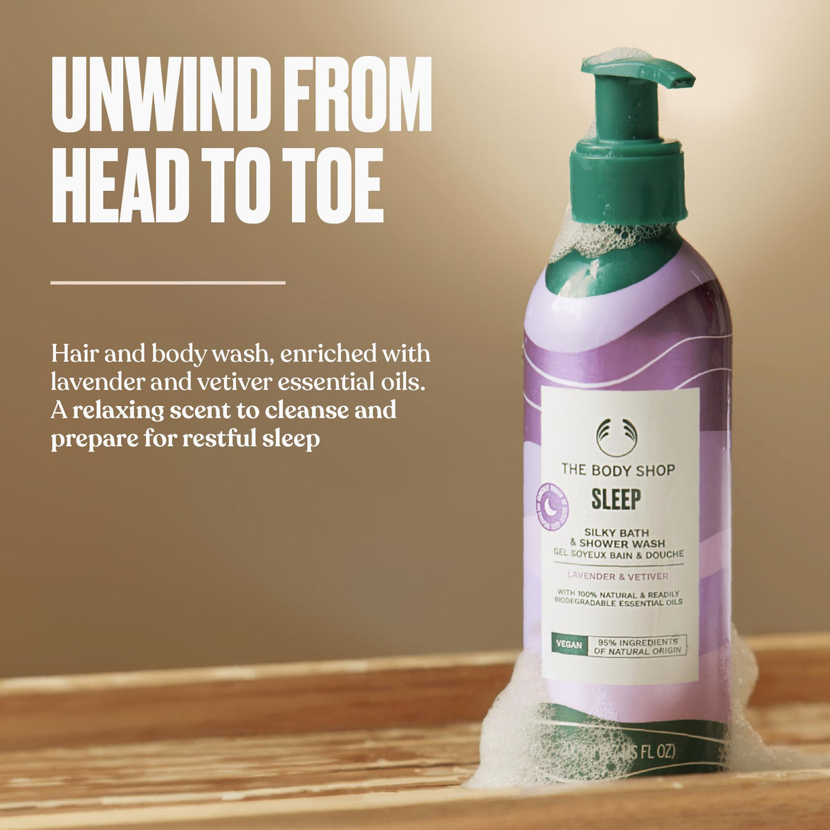 The Body Shop Sleep Relaxing Hair & Body Wash (1x 200ml), Aromatic Cleanser with Lavender & Vetiver Essential Oils, Vegan Body Wash for Bedtime Routine, 95% Natural Origin Ingredients