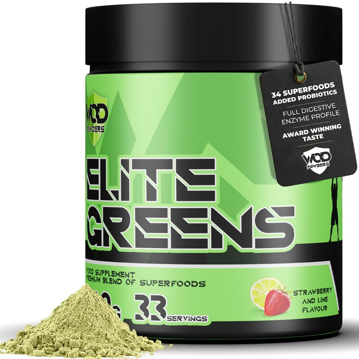 Hellenia Elite Greens Superfood - WOD Powders | 34 Vegan Superfoods and Natural Ingredients, Green and Red Fruits, Berries,Vegetables, Prebiotics & Digestive Enzymes - 500g (Strawberry & Lime)