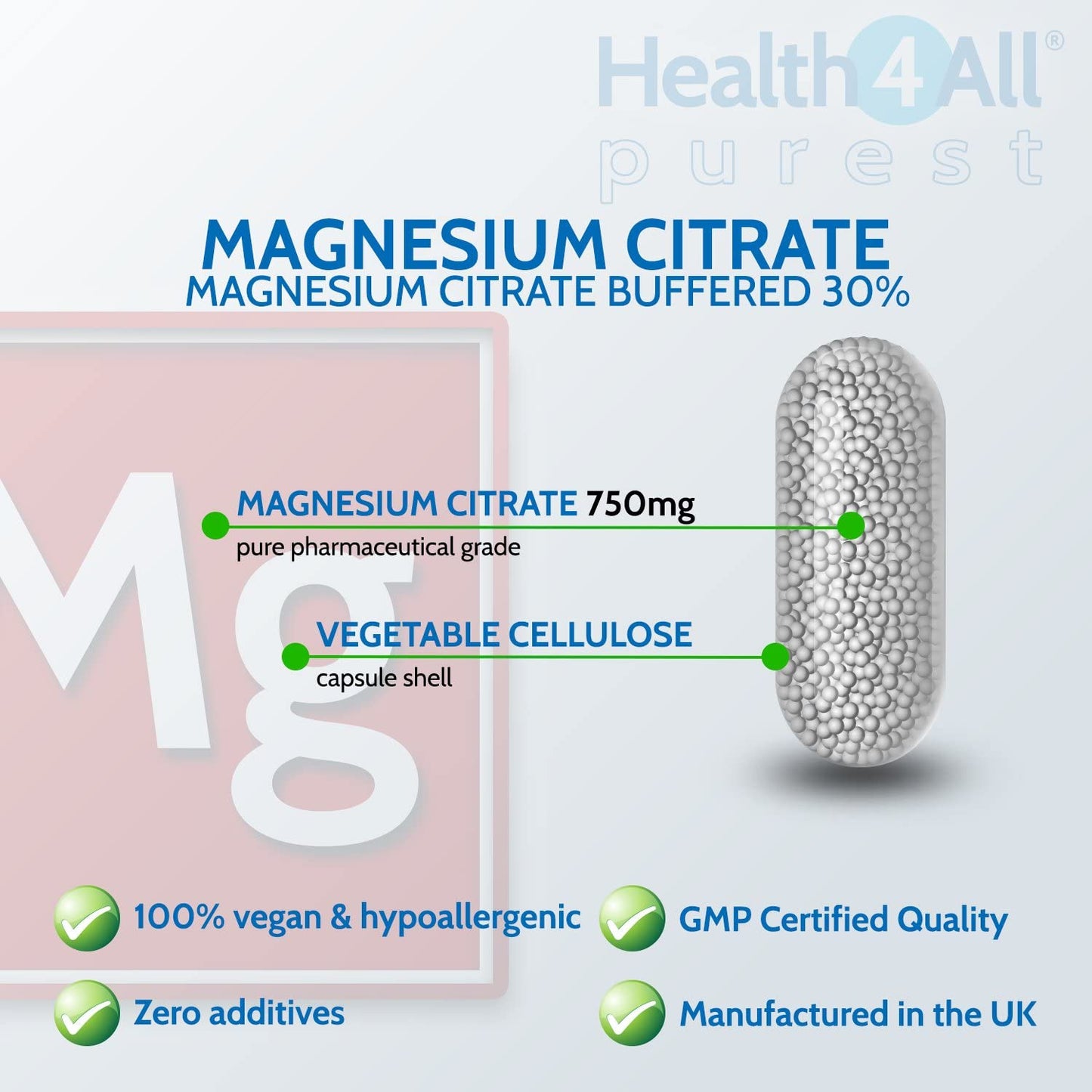 Health4All Magnesium Citrate 750mg 90 Capsules (V) (225mg Elemental Magnesium) Purest: no additives. Vegan.