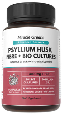 Macro Greens 4000mg Psyllium Husk Fibre with Probiotics – 20 Billion CFU from 10 Strains – High Strength Soluble Fibre from Plantago Ovata Seeds – Capsules for Easy to Absorb Fibre – Third Party Tested – UK Made
