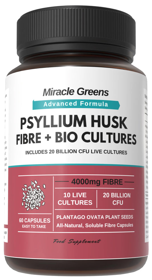 Macro Greens 4000mg Psyllium Husk Fibre with Probiotics – 20 Billion CFU from 10 Strains – High Strength Soluble Fibre from Plantago Ovata Seeds – Capsules for Easy to Absorb Fibre – Third Party Tested – UK Made