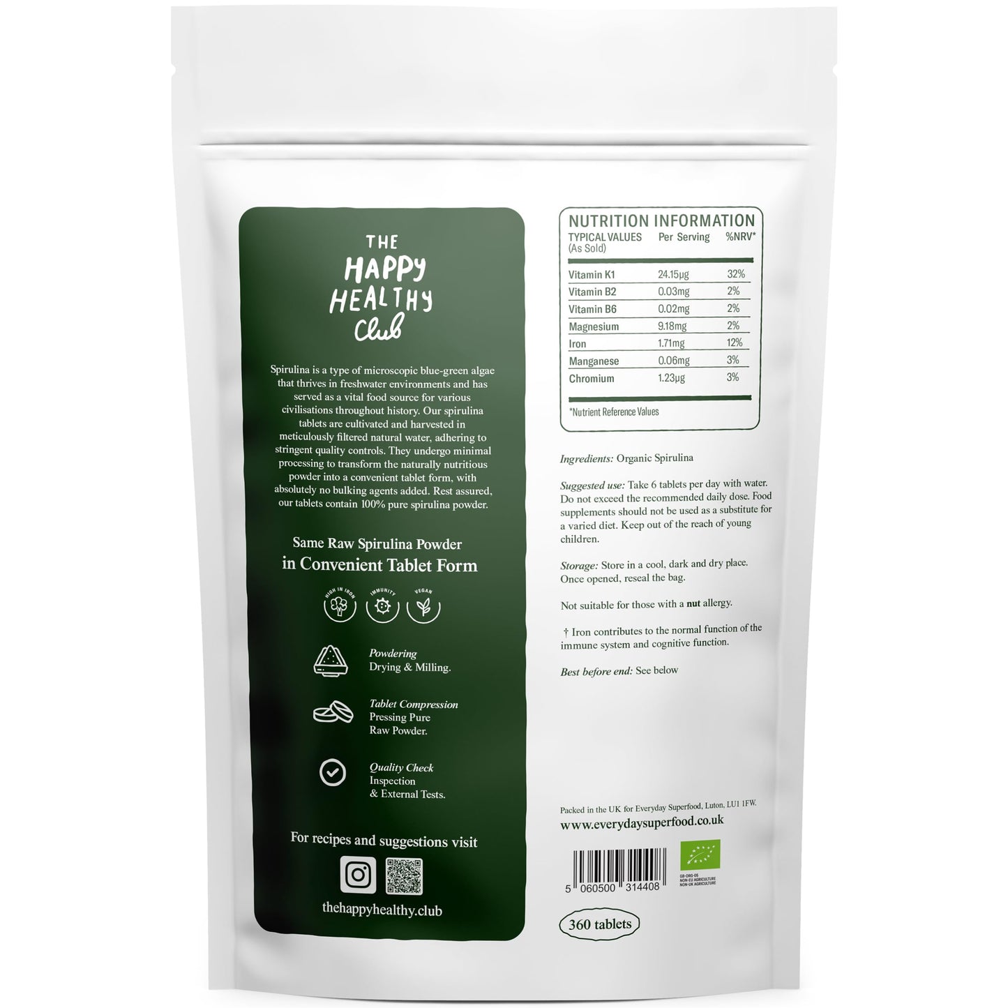 Everyday Superfood Organic Spirulina Tablets (360 Tablets) Raw Cold Pressed Spirulina Algae Certified Vegan & Kosher