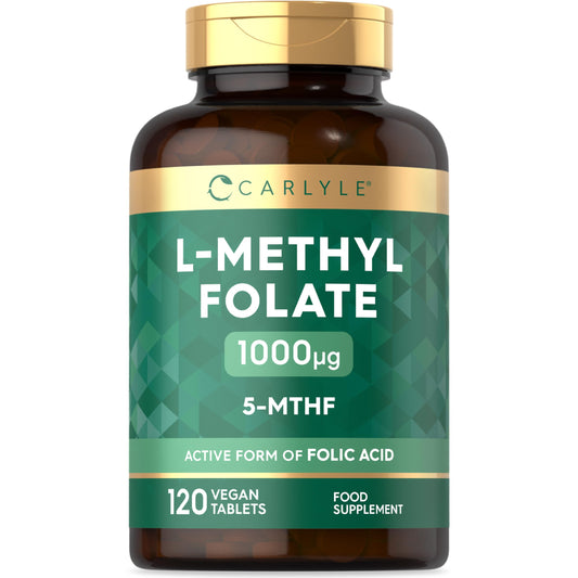 L Methlyfolate 1000ug | 120 Vegan Tablets (4 Months Supply) | Active Form of Folic Acid | 5-MTHF | No Artificial Preservatives | by Carlyle