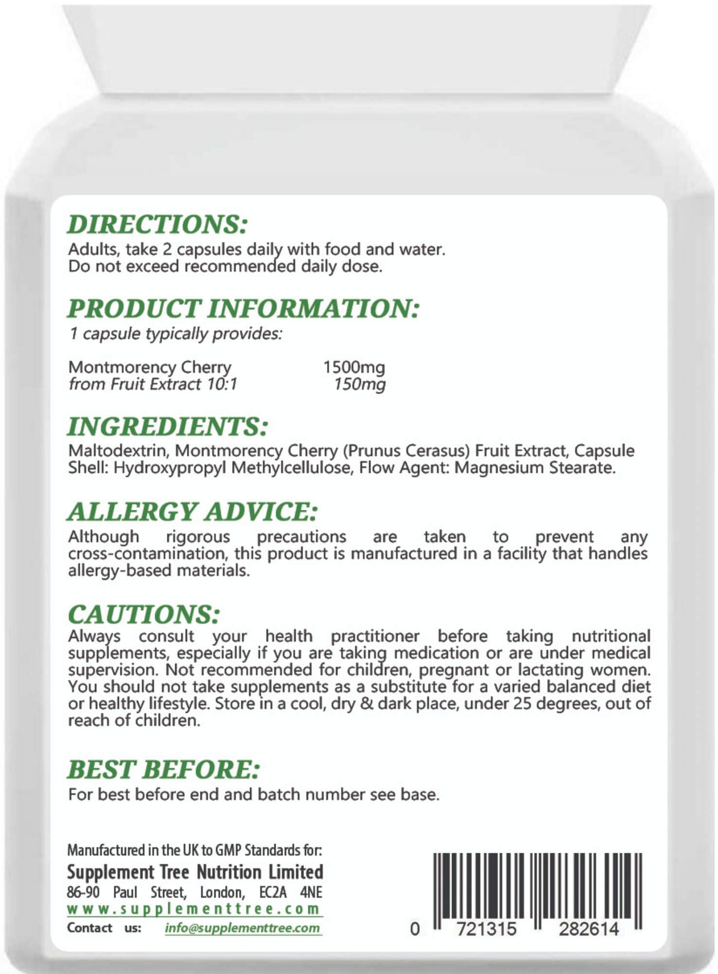 Montmorency Cherry Capsules 1500mg - 90 Vegan Capsules - High Strength Pure Freeze Dried Cherry Powder Extract - 3000mg Per Daily Serving - UK Manufactured