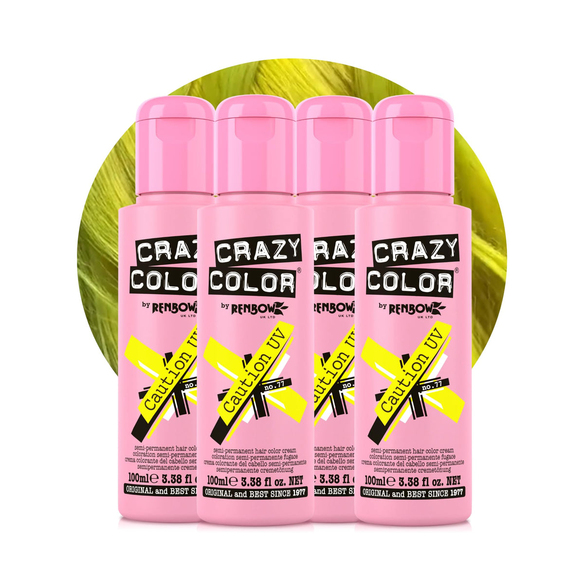 Crazy Color Caution UV Semi-Permanent 4 Pack Quad Hair Dye. Highly Pigmented Neon Yellow Conditioning & Oil Nourishing Vegan Formula No Bleach or Ammonia 400ml