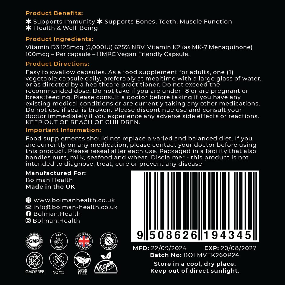Bolman Health Vitamin D3 + K2 Capsules | Vegeterian Capsules | 5000IU & 100μg (MK-7) | 60 High Strength HMPC Vegan Capsules | 1-A-Day | Vegetarian and UK Manufacture - Supports Immune Sytem & Bone Health