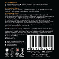 Bolman Health Vitamin D3 + K2 Capsules | Vegeterian Capsules | 5000IU & 100μg (MK-7) | 60 High Strength HMPC Vegan Capsules | 1-A-Day | Vegetarian and UK Manufacture - Supports Immune Sytem & Bone Health