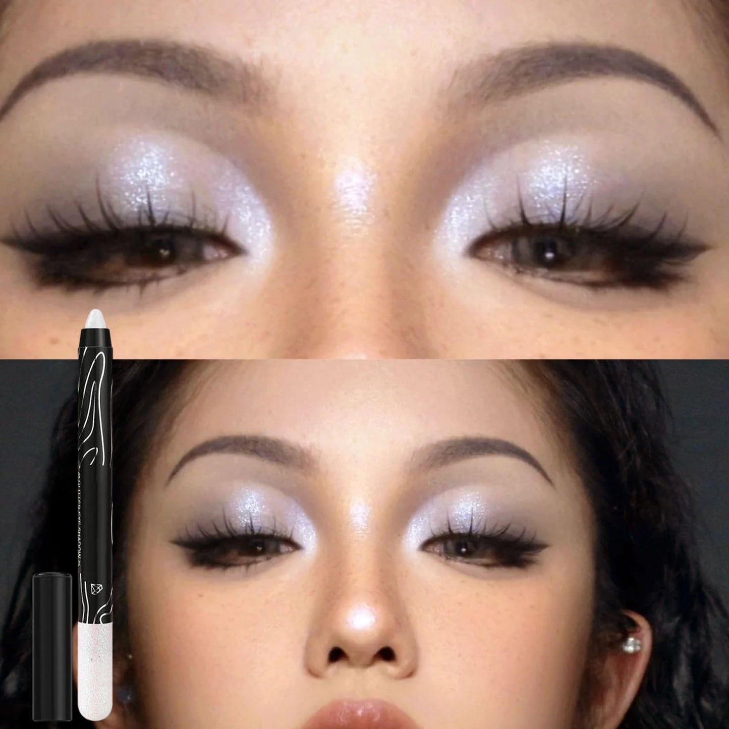 LYNTYAOU White Shimmer Eyeshadow Stick, Pearl White Glitter Eye Shadow Pencil Cream Eyeshadows Pen, Pearlescent Highlight Brightener, High Pigmented Smooth for Eye Makeup