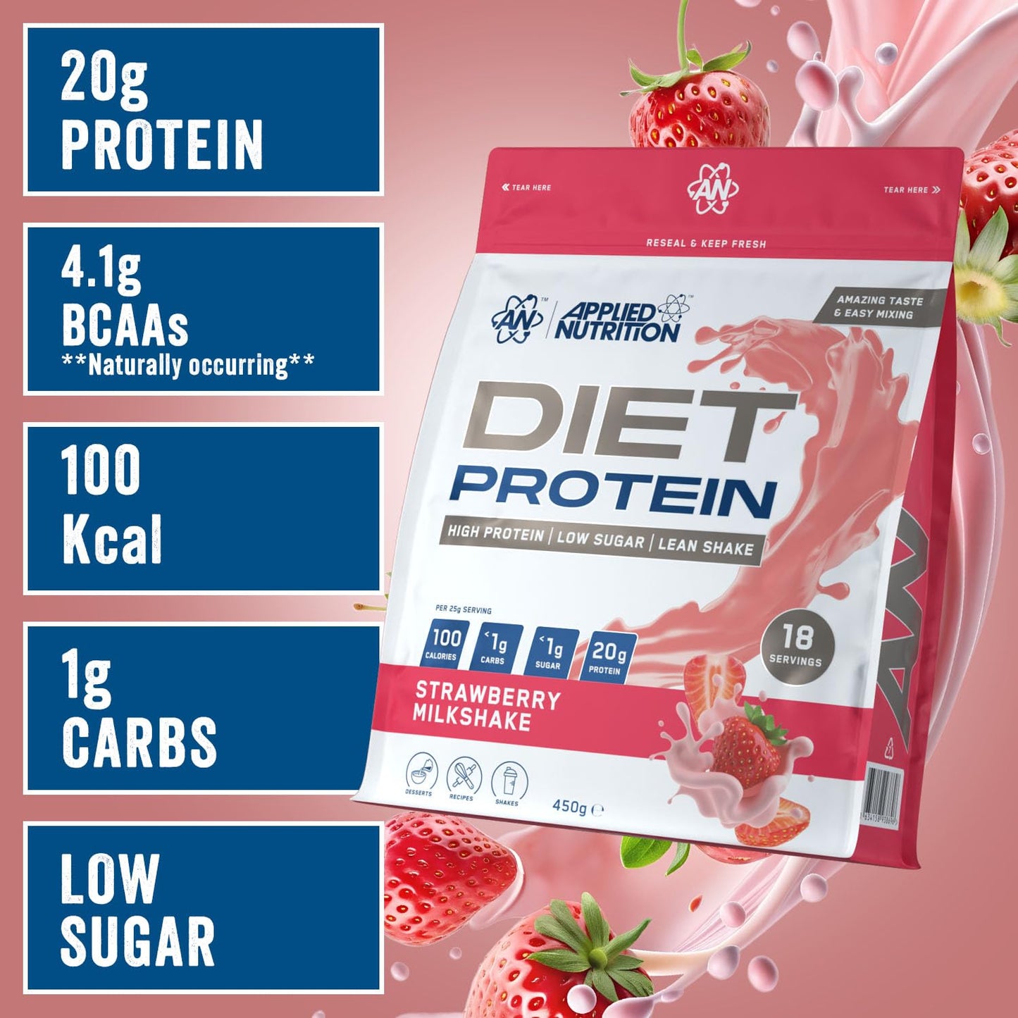 Applied Nutrition Diet Whey - High Protein Powder Supplement, Low Carb & Sugar, for Weight Management with CLA, L Carnitine, Green Tea (450g - 18 Servings) (Strawberry Milkshake)