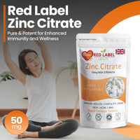 Red Label Health Zinc Citrate 50mg - 200 Vegan Tablets - Immune Function, Fertility, Healthy Bones, Vision, Hair, Nails and Skin | (6+ Months Supply) | Letterbox Friendly - Made in The UK