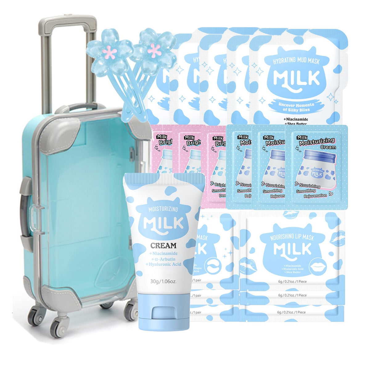 Fashion Base 21PCS Milk Skin Care Set for Teen Girls - Cute Mini Luggage Skincare Gift Set with Day Cream, Night Cream, Mud Mask, Eye Mask & Lip Mask for Women Daily Care (Milk-21PCS)