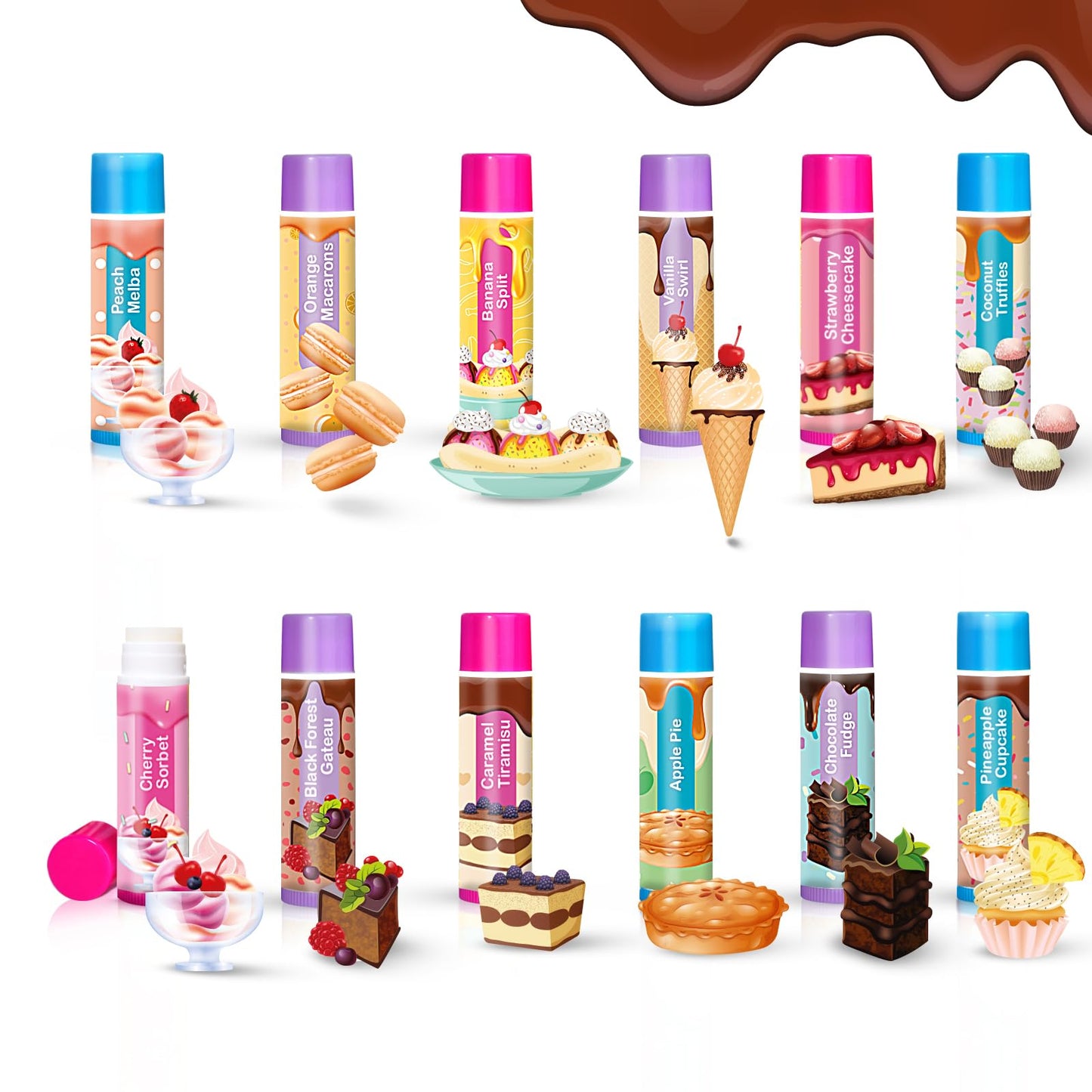 Beauty4Britain Kids Lip Balm Set Sweet Shop - 12 Different Dessert Flavours, Beeswax & Coconut Oil, Colourless, for Girls and Boys