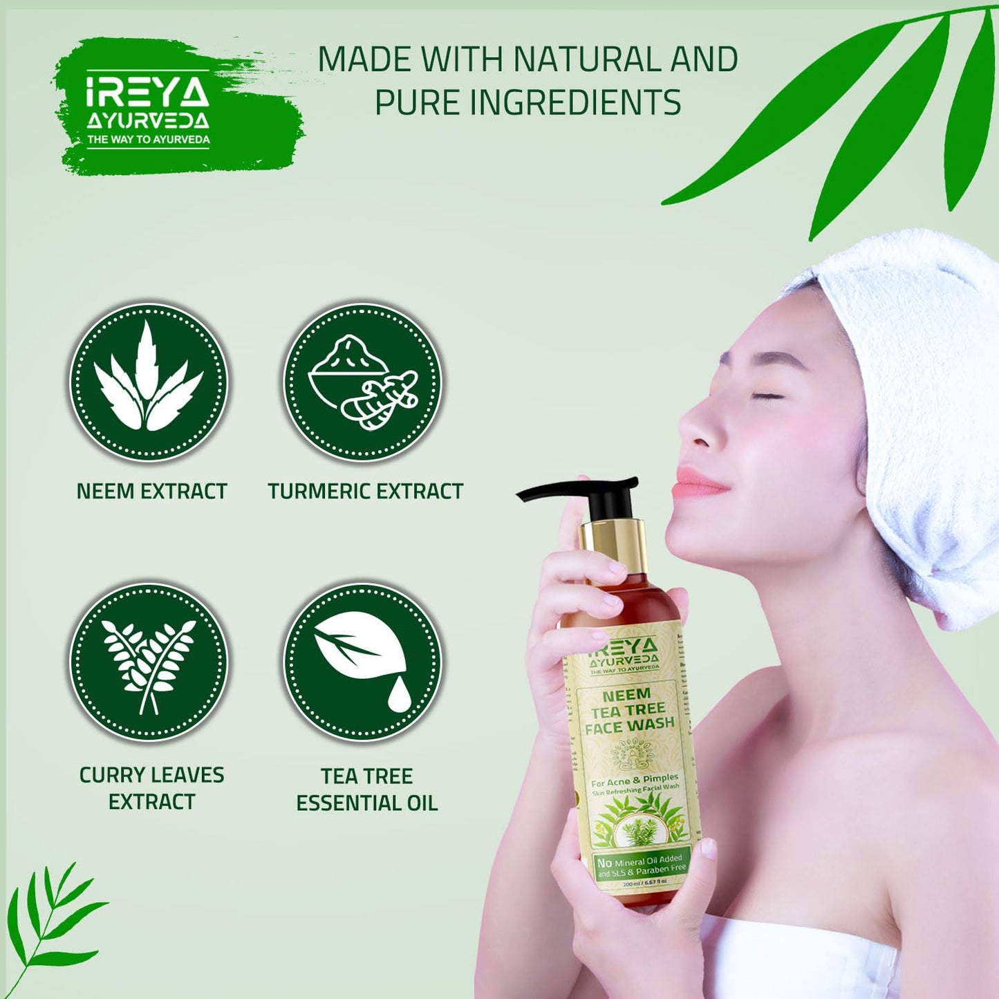 Ireya Ayurveda Neem Tea Tree Face Wash - 200ml for Soft & Smooth Skin Made with Neem Extract & Tea Tree oil with Turmeric Extract, Pure, Vegan, Natural, Cruelty Free