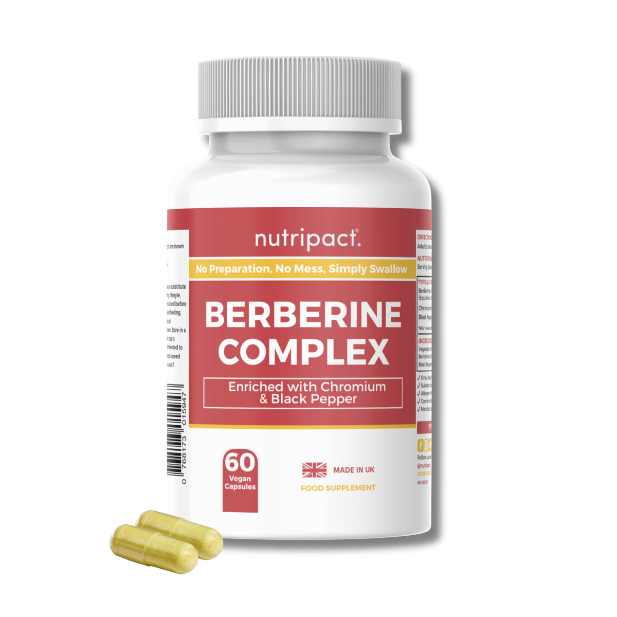 nutripact Nutripact Berberine HCL Supplement with Chromium and Black Pepper - High Strength 500mg - 60 Vegan Capsules (not Tablets) - Made in the UK