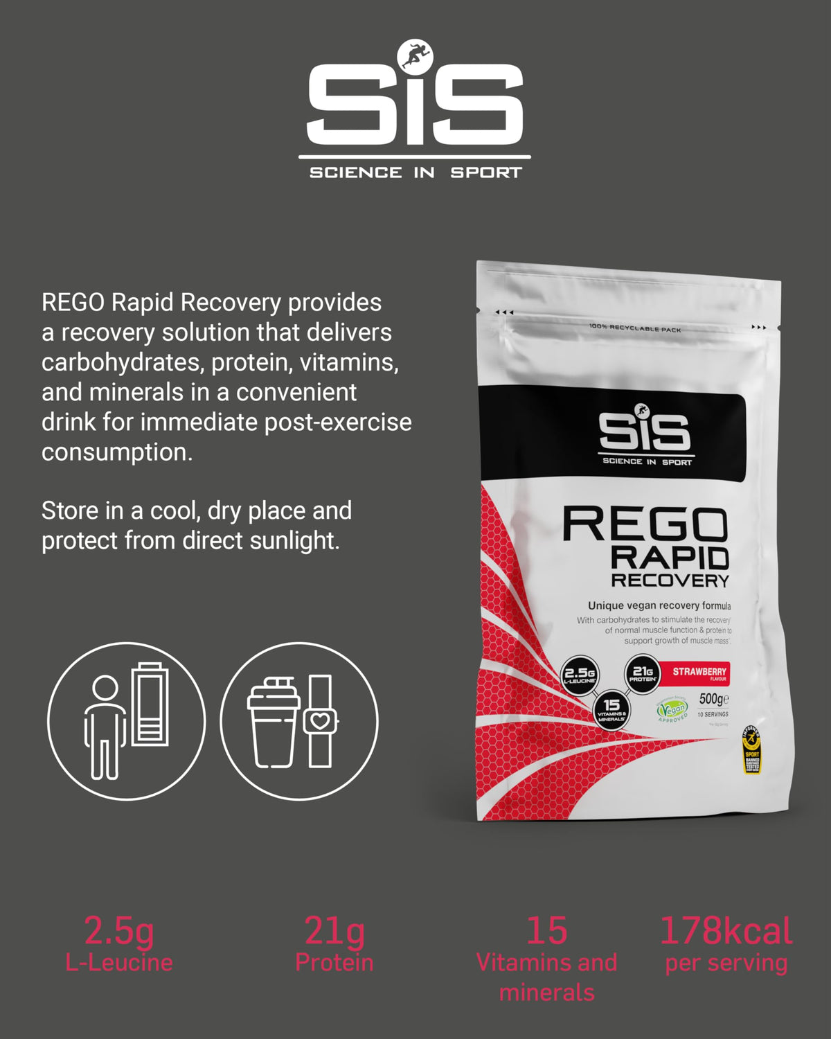 Science in Sport Science In Sport REGO Rapid Recovery Protein Powder, Strawberry Protein Powder with Added L-Leucine, Vitamins and Minerals for Muscle Recovery, 10 Servings, 500g