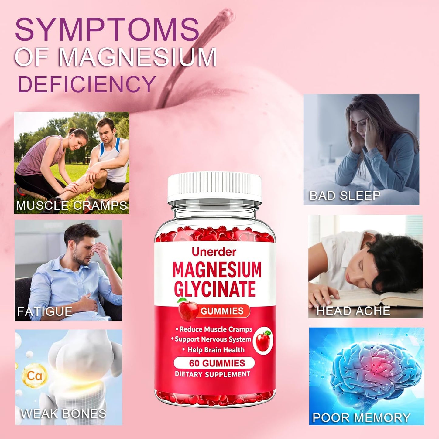 Unerder Magnesium Glycinate Gummies - 400mg High Absorption Formula for Sleep, Stress Relief & Muscle Health - Apple Flavor, 30 Days Supply for Adults,Non-GMO