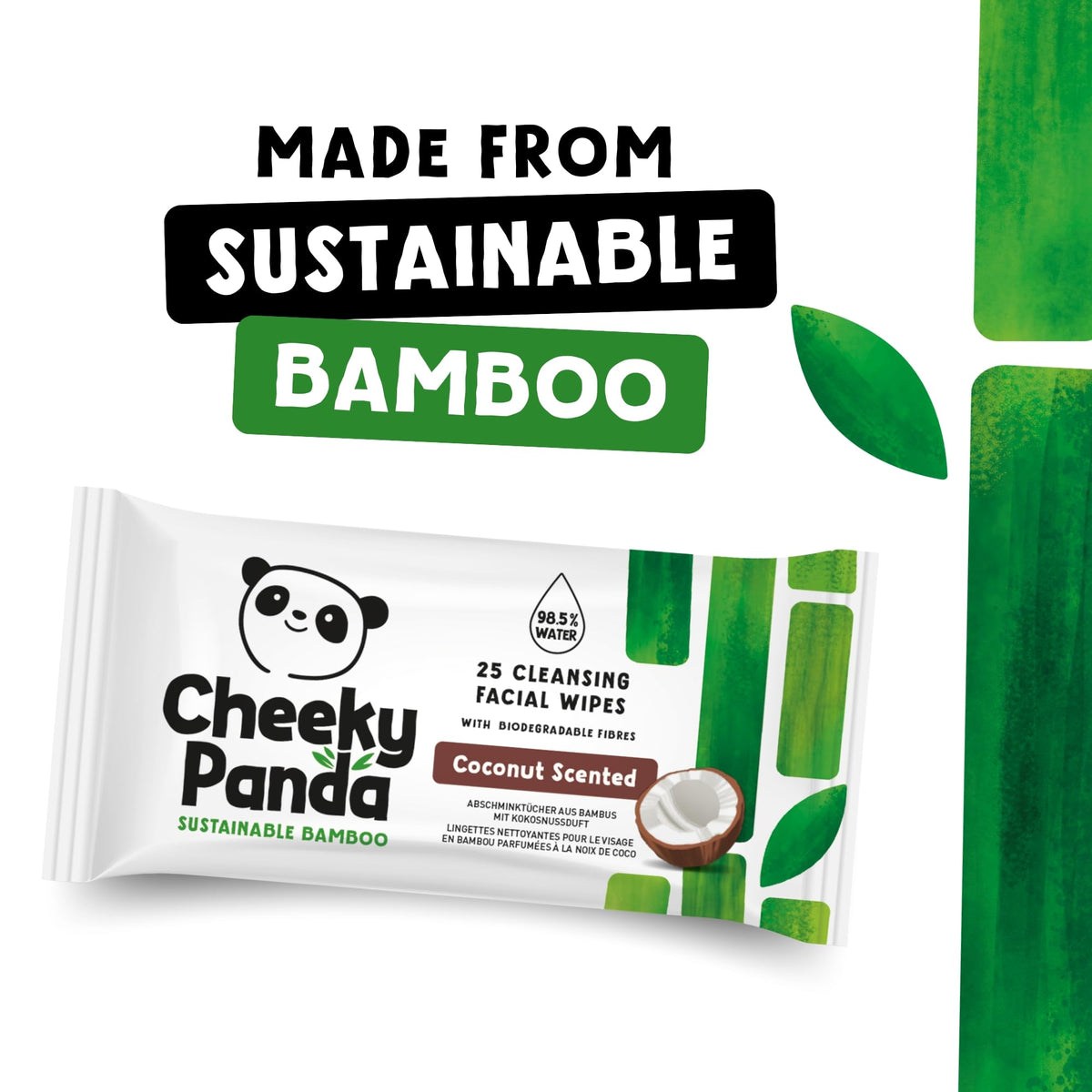 The Cheeky Panda Bamboo Facial Make Up Remover Wipes | Sustainable Face Wipes Eye Makeup Remover | Coconut Scented Pack of 25 Face Wipes | 99% Purified Water
